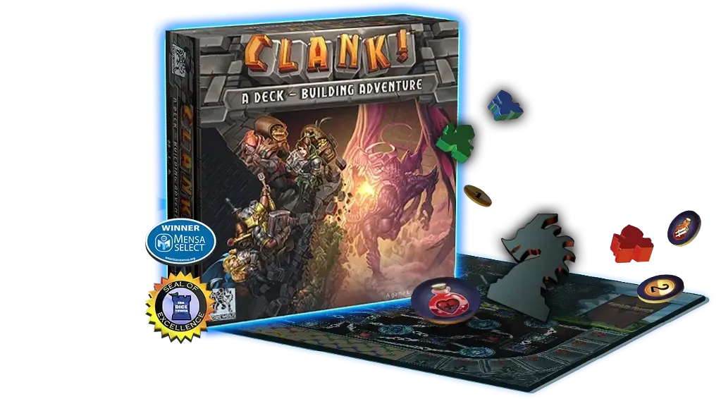Clank! box with the dungeon board, meeples and dragon silhouette in the publisher's render
