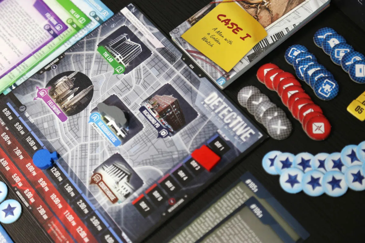 Detective board close-up: the city map with the time track, the Case 1 "A Man with a Golden Watch" case book and stacks of clue tokens