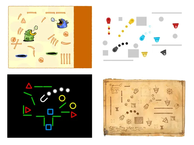 Four art style iterations of the game: early cartoon prototype, item sprites, neon concept, and final Leonardo manuscript style